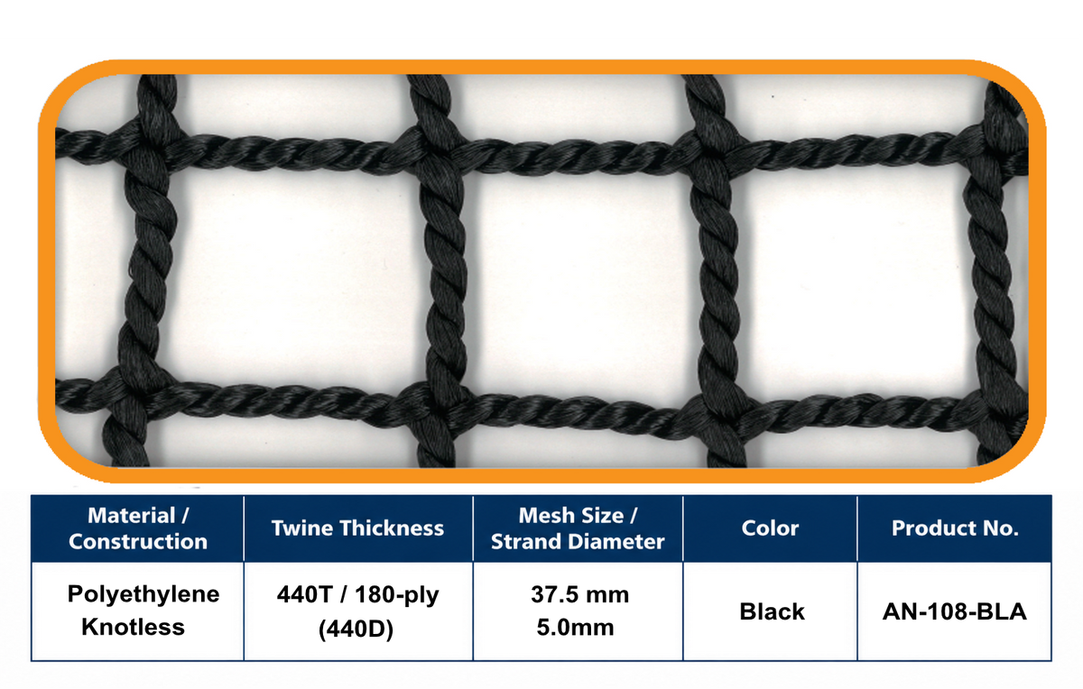 180-Ply Heavy-Duty Ball-Stop Net – 37.5 mm Mesh | Black