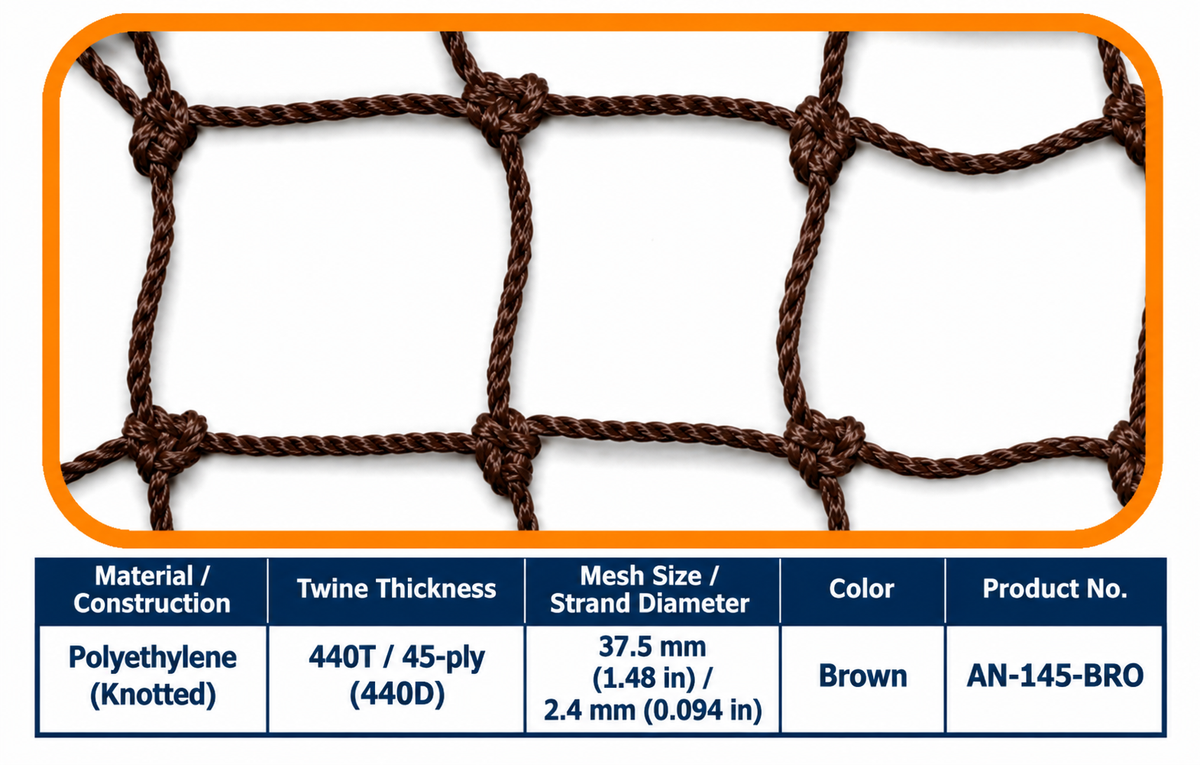 45-Ply Knotted Ball-Stop Net – 37.5 mm Mesh | Brown