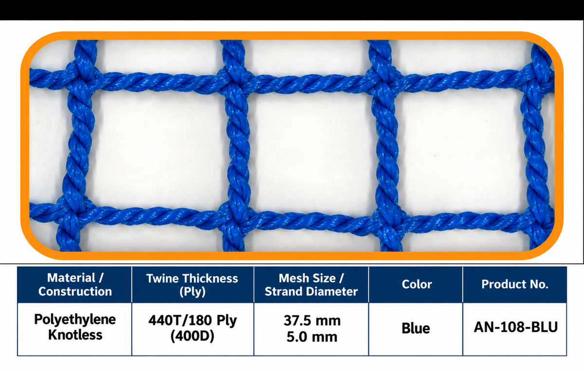 180-Ply Heavy-Duty Ball-Stop Net – 37.5 mm Mesh | Blue