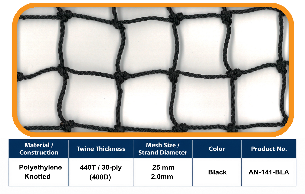 30-Ply Knotted Golf Net – 25 mm Mesh | Black